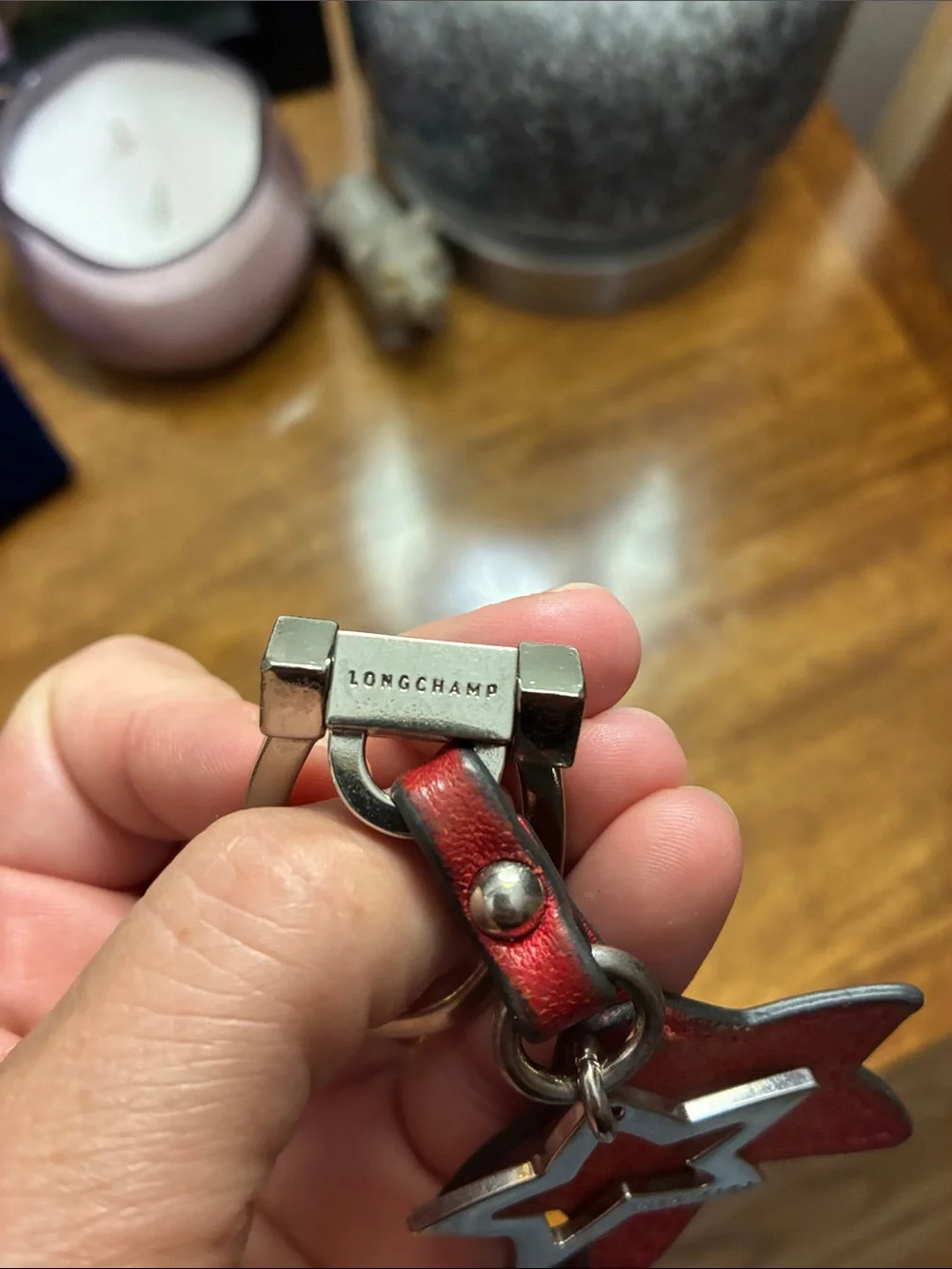 Longchamp Red Star Leather Key Fob with Metal Detail